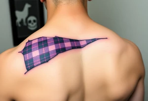 Purple tartan fabric on shoulder with skin peeling back to reveal tartan underneath tattoo idea