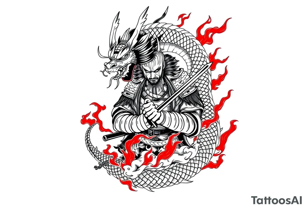 Japanese dragon wrapping around a samurai warrior, flowing body and smoke trails, black ink with red flames, detailed armor textures, sharp horns, claws gripping sword, intense eyes, traditional Japanese tattoo composition, full sleeve expansion layout, designed to wrap around the upper arm -- no color, no text, minimal background, ink-style shading, centered, high-resolution, symmetrical or dynamic layout, tattoo-ready tattoo idea