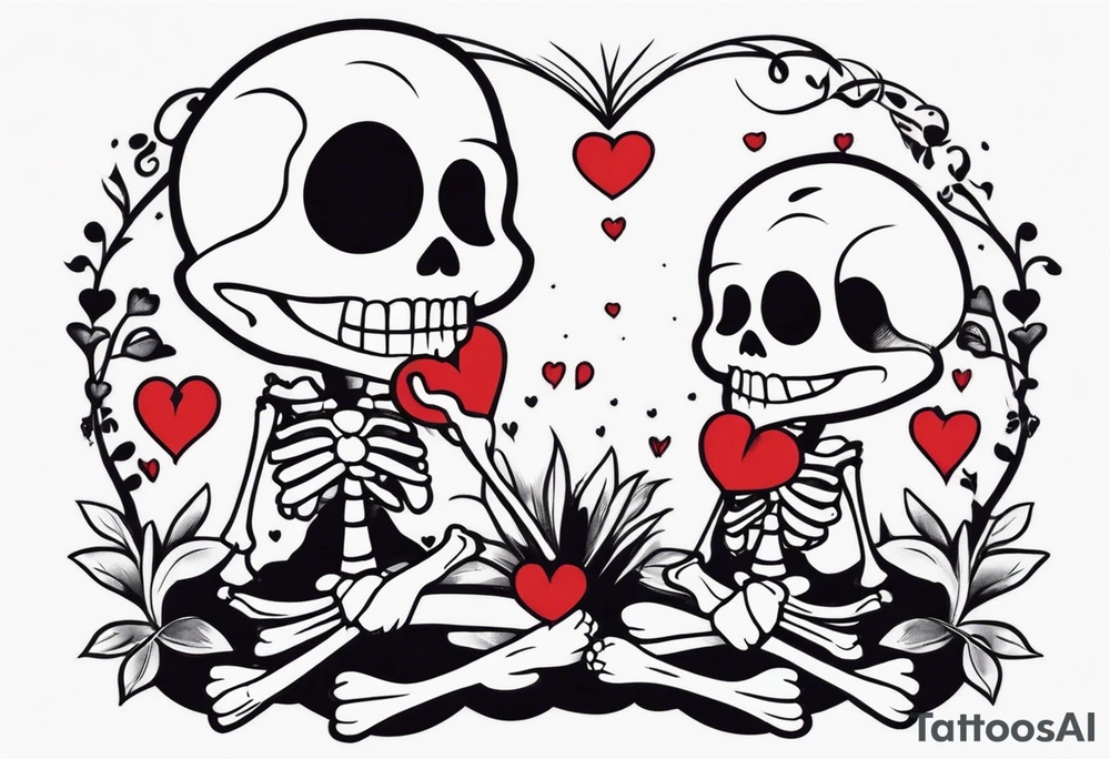 One skeleton with eyes in the shape of hearts, one skeleton sitting tattoo idea