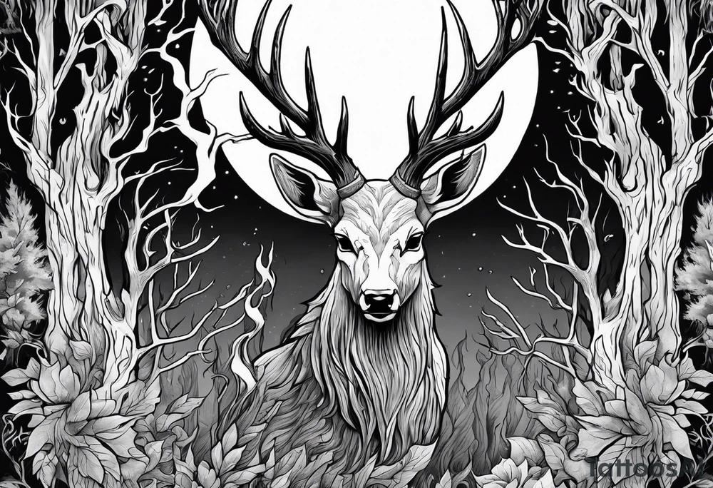 A scary wendigo with a decayed deer skull head with flames and trees tattoo idea