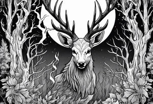 A scary wendigo with a decayed deer skull head with flames and trees tattoo idea