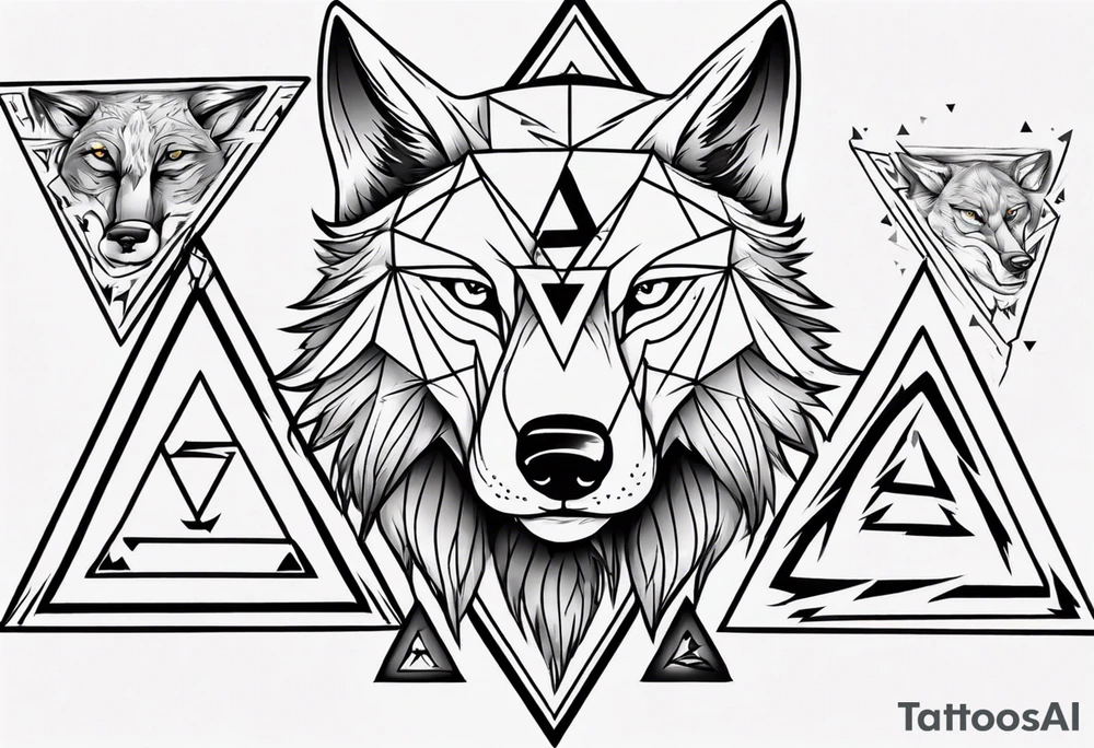 wolf head with triangle on the forehead and triangle in the background tattoo idea