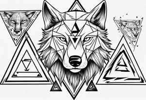 wolf head with triangle on the forehead and triangle in the background tattoo idea