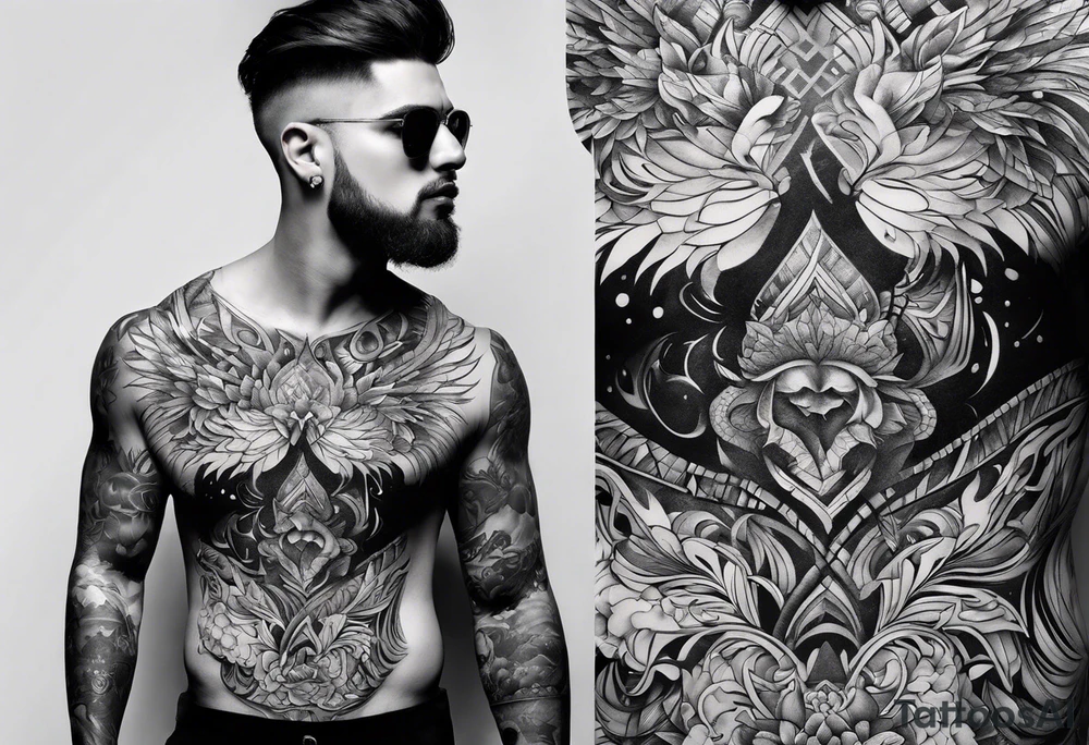 Two separate pieces one for day and one for night placed on each side of the chest on a man tattoo idea