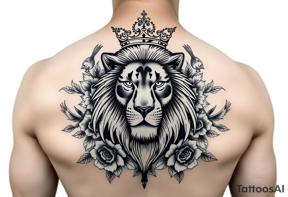 powerful majestic lion with a crown, surrounded by floral ornaments and birds tattoo idea