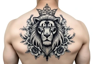 powerful majestic lion with a crown, surrounded by floral ornaments and birds tattoo idea