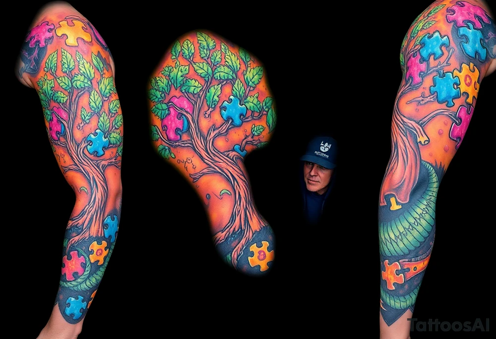 left arm full sleeve to support autism awareness full color and completed filled also include a tree with the autism puzzle as leaves to start the sleeve and add Mickey Mouse in there small tattoo idea