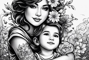 1/2 sleeves full of flowers with a mom older son  younger daughter in the middle on a swing in a distance tattoo idea