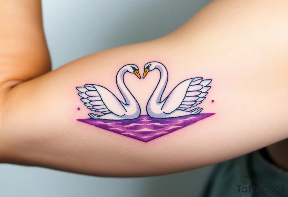 Two swans in graceful white with golden beaks, forming a heart with their necks, floating on a shimmering lavender-hued lake tattoo idea