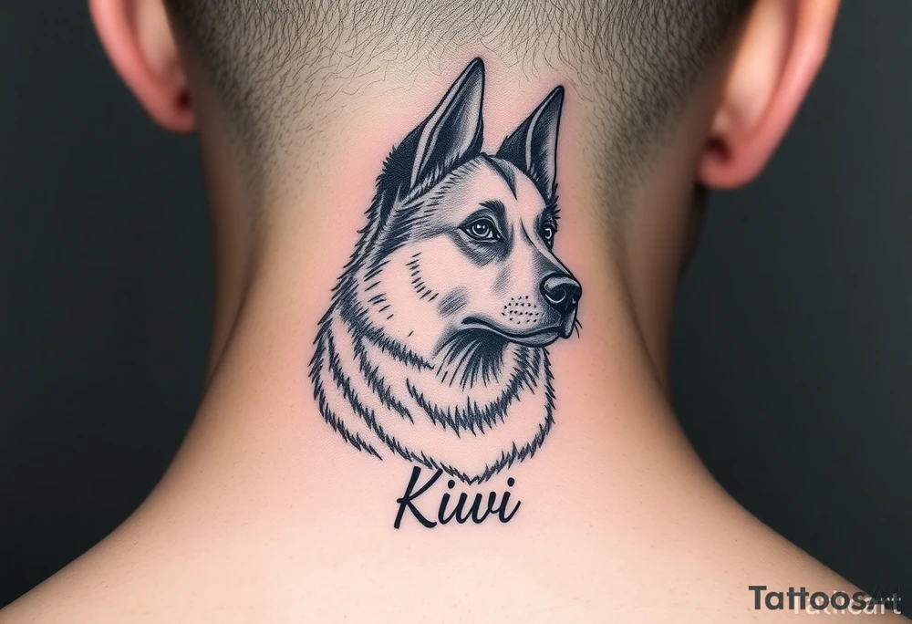 One lined black ink art . Of dog/Aquarius elegant portrait. With the name Kiwi tattoo idea