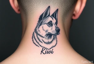 One lined black ink art . Of dog/Aquarius elegant portrait. With the name Kiwi tattoo idea