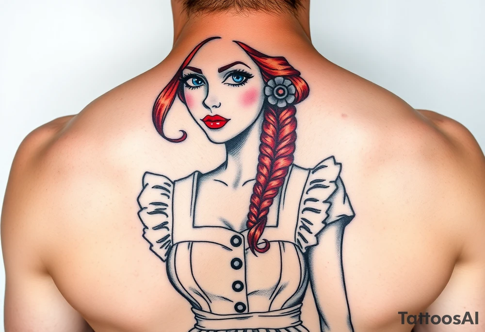 Traditional pin up girl with red hair and blue eyes and wearing a milkmaid maid style dress tattoo idea