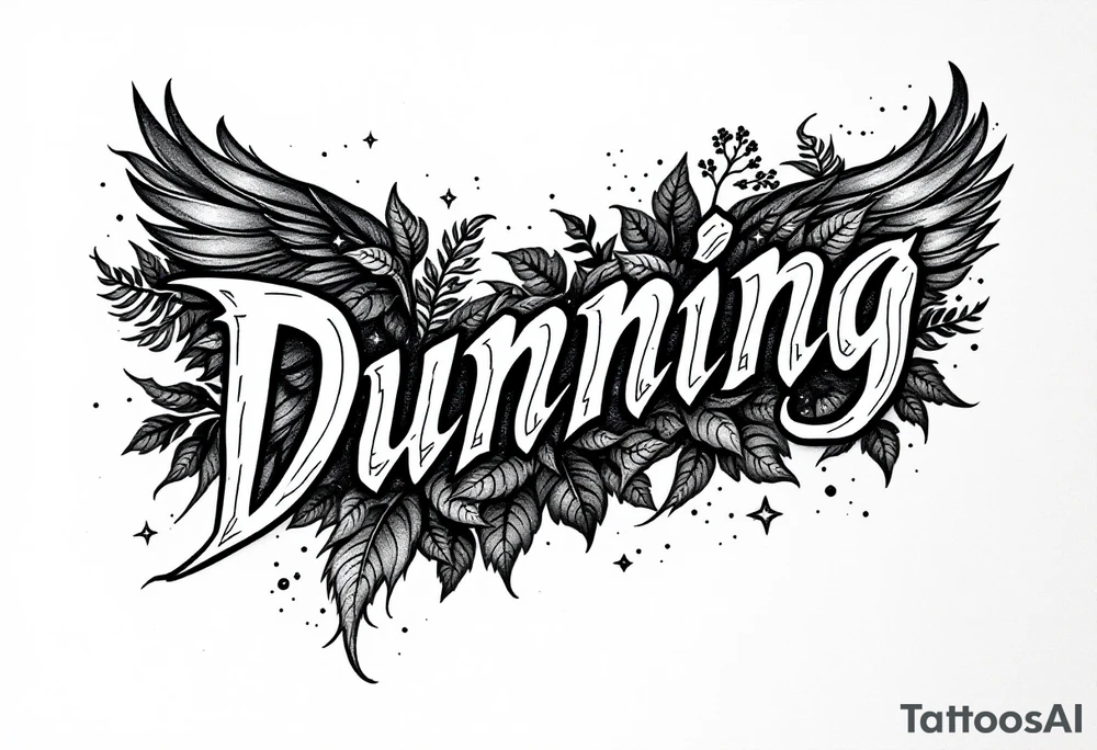 Dunning, Details include on left arm, name in white color,angel wing, wet jungle leaves,cool font, galaxy background filling, tattoo idea