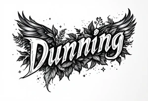 Dunning, Details include on left arm, name in white color,angel wing, wet jungle leaves,cool font, galaxy background filling, tattoo idea