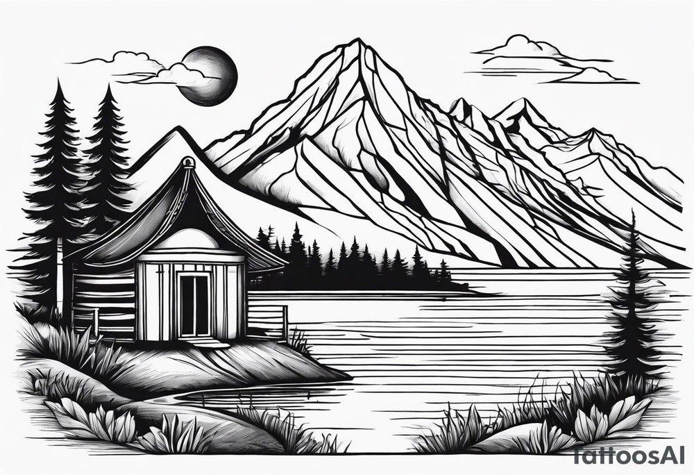 mountains, lake, yurt, sun, road tattoo idea
