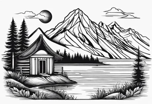 mountains, lake, yurt, sun, road tattoo idea