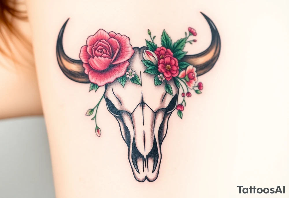 Buffalo skull with flowers. Peony, snowdrop, holly with berries, larkspur, peony. Colour. For upper arm. Masculin. 1:2 aspect

Have one peony and snowdrop above horns. Have holly with berries, larkspur, peony below horns. tattoo idea