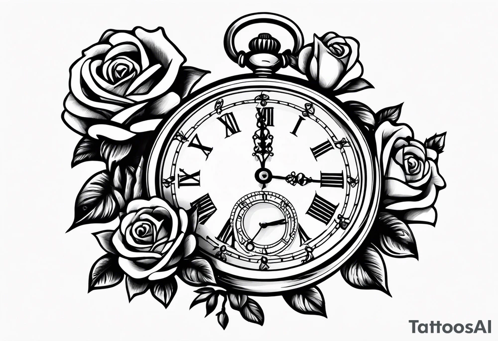 Pocket watch with chain and roses tattoo idea