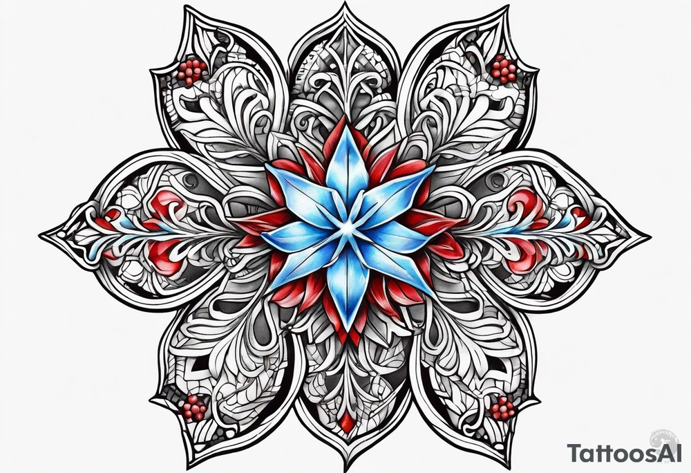 Small tattoo of a forget me knot flower, a red star, and a snowflake tattoo idea