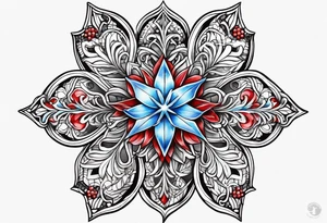Small tattoo of a forget me knot flower, a red star, and a snowflake tattoo idea