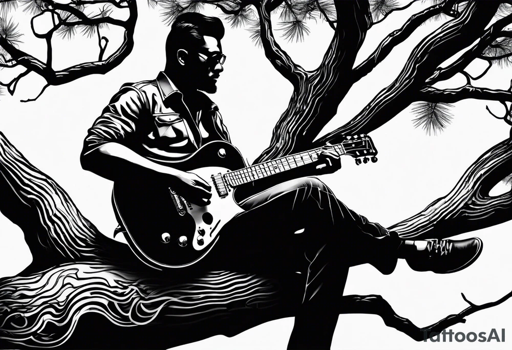 silhouette of a man sitting on a pine tree branch, playing electric guitar tattoo idea