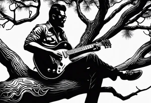 silhouette of a man sitting on a pine tree branch, playing electric guitar tattoo idea