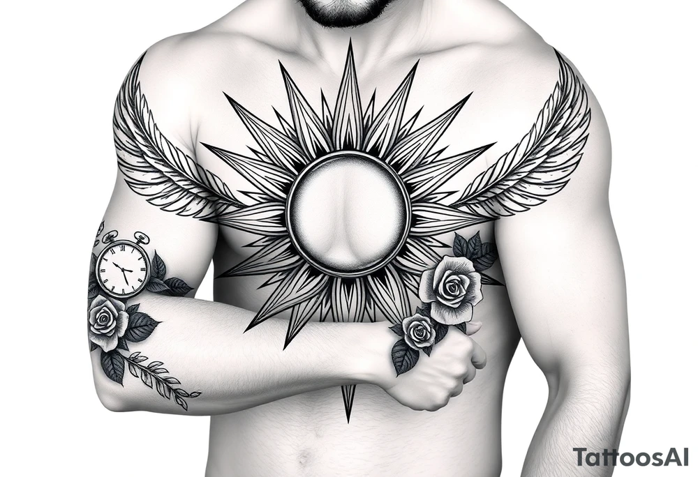 sun with rays feathers with a clock on elbows with roses tattoo idea