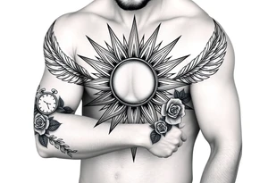 sun with rays feathers with a clock on elbows with roses tattoo idea