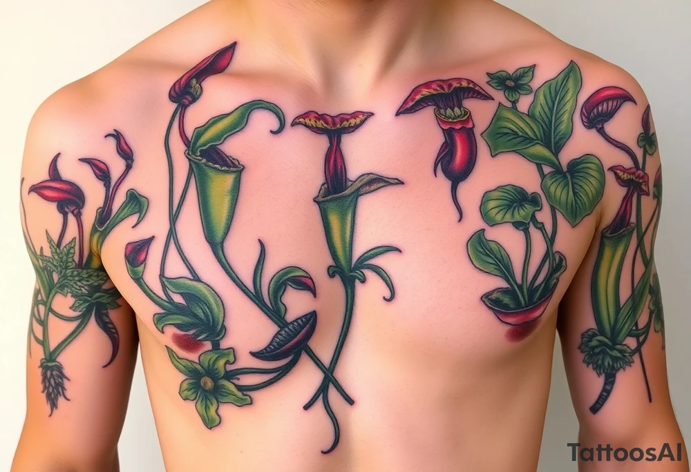 carnivorous plants neck, chest, back, and arm sleeves
I want these spots covered in these plants, ranging from venus fly traps to others
Make it masculine looking, I want it to look kinda like a plant guide book tattoo idea