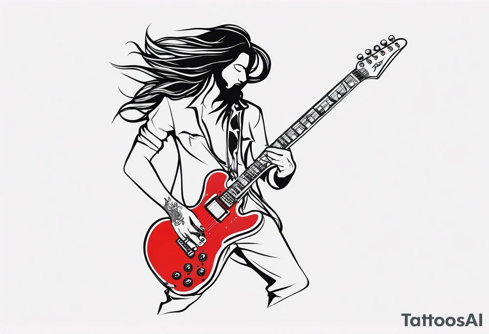 long hair rock star playing electric guitar tattoo idea