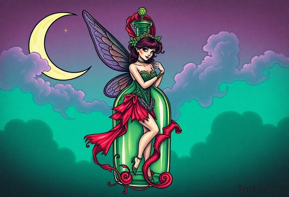 Tim Burton’s kelly doty pin up style Vintage Parisian elegant and hauntingly beautiful yet eerie full body absinthe Green Fairy dances outside her victorian crystal decatur she was once inside this elaborate ornate bottle absinthe bottle Absinthe Art Nouveau   and dripping with muted reds, dusty pinks, and eerie green glow.purple and cyan smokey clouds swirl in the crescent moonlit sky thats sprinkled with stars tattoo idea