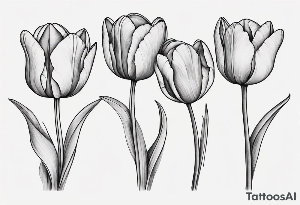 Generate a compelling tattoo design featuring three tulips with intertwining stems. Emphasize the graceful entwining of the stems, creating a harmonious and visually captivating composition. Each tulip should showcase distinct characteristics, from the delicate curves of the petals to the intricate details of the stamen. Consider incorporating elements that symbolize unity, growth, and interconnectedness. Capture the essence of nature's beauty while ensuring the overall design is balanced and aesthetically pleasing. tattoo idea