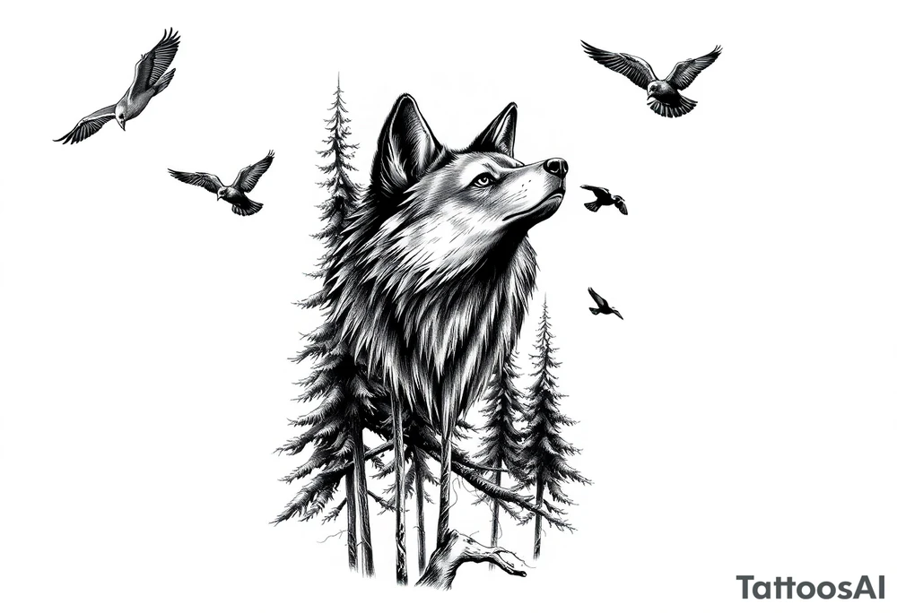 Tall pine trees with a large wolf head hovering in the foreground and 4 ravens flying overhead tattoo idea