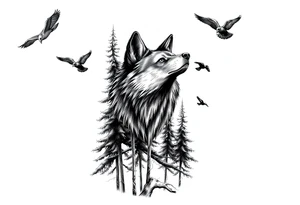Tall pine trees with a large wolf head hovering in the foreground and 4 ravens flying overhead tattoo idea
