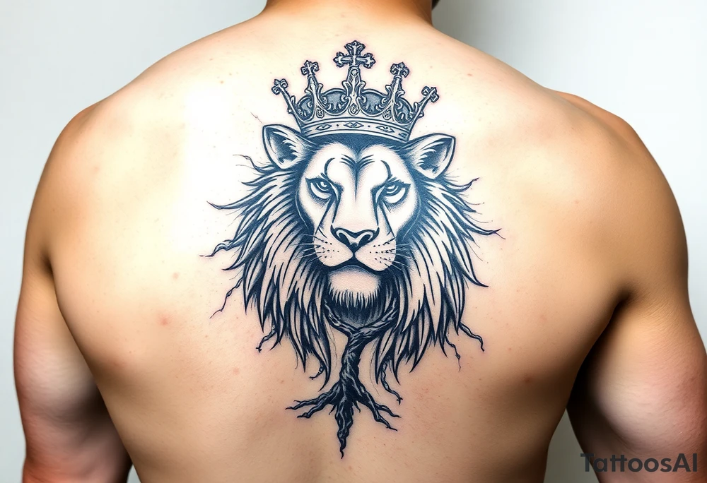 powerful majestic lion with a crown with a tree and for upper arm tattoo idea