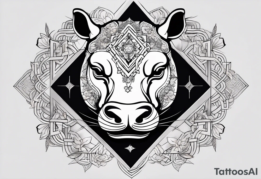 Very asymmetrical, +geometric pattern, with realistic full moon, with serious looking hippo, +zen feel, + Buddhism touch, +tribal, +geometric, +chinese inkart 
with wintersweet flower bud, +portrait orientation, +inkart touch, tattoo idea