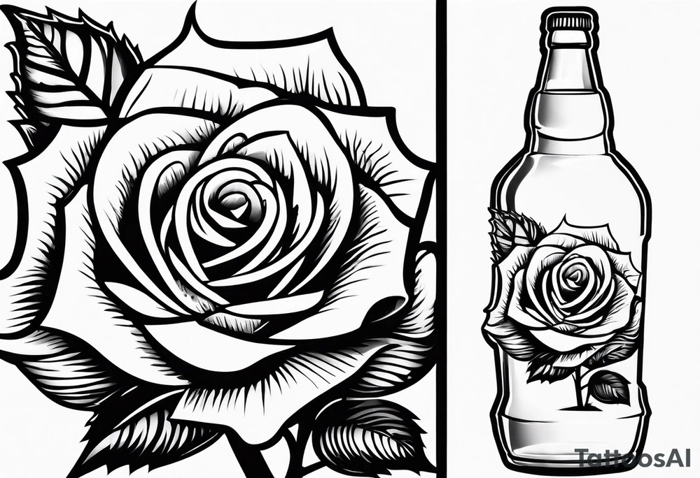 A bottle of beer and a stalk of rose in the bucket tattoo idea