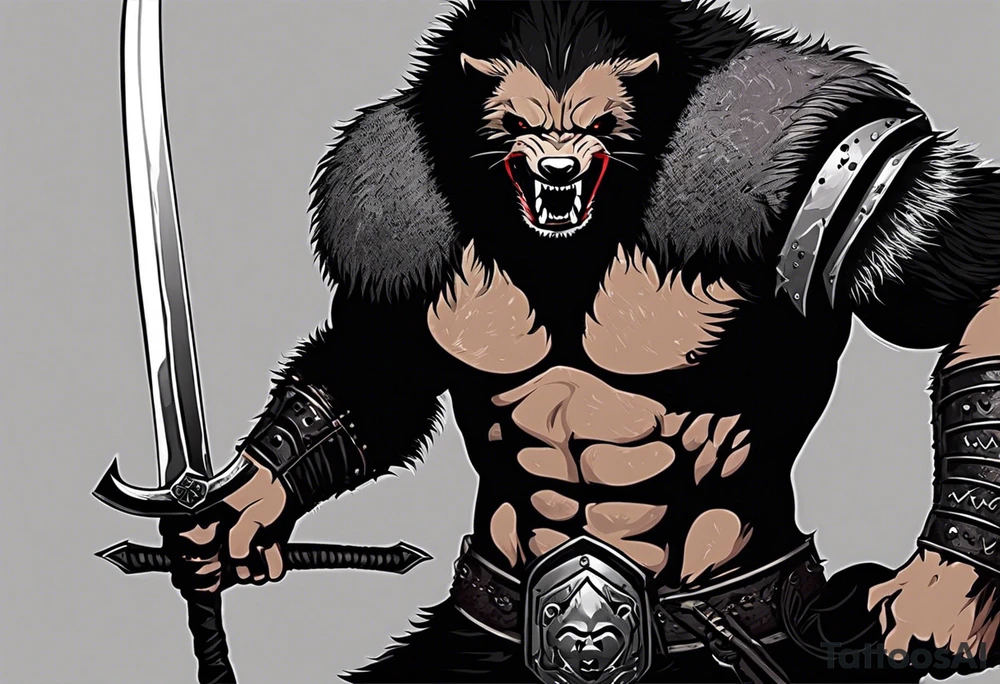 Draw me psychopath Fearless Honey Badger/Berserker with aggressive full body, killer face with a scary smile, very long nails and he attacks like a Bloody Assassin/Warrior/Gladiator to us and also, he has very deadly looking. He fights with his nails only. Everybody scares after their first sight. Give me horror type Badger Tattoo. I want to see his Realistic full body with no weapons. You can show destruction at the back. tattoo idea