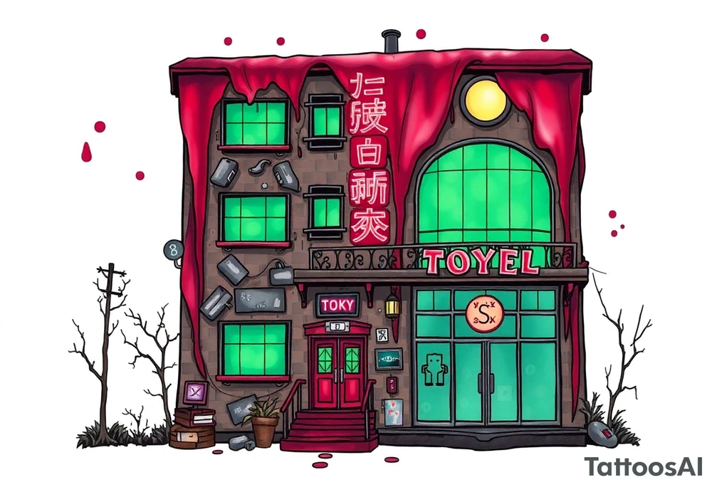 Tim Burton’s Tokyo sex hotel from outside viewis abandoned and dripping with muted reds, dusty pinks, and eerie green glow. tattoo idea tattoo idea