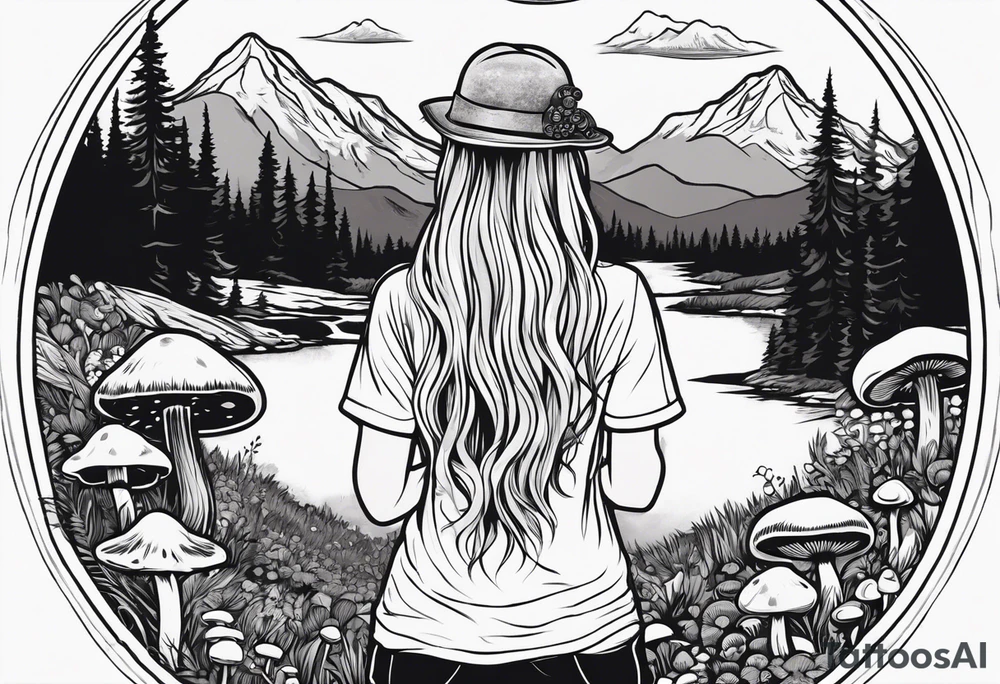 Whole picture encircled fully

Straight long blonde hair hippie girl in distance holding mushrooms in hand facing away toward mountains and creek surrounded by mushrooms tee shirt and hiking pants; whole rendering within a full circle, no cut off circle tattoo idea