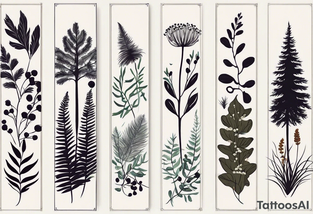 forest floor inspired minimalist tattoo, which includes grass, curly ferns, moss and dead leaves as the bulk of the tattoo. details to include: forest berries, a tiny bumblebee flying nearby, three small brown mushrooms
Generate a vertically long one tattoo idea