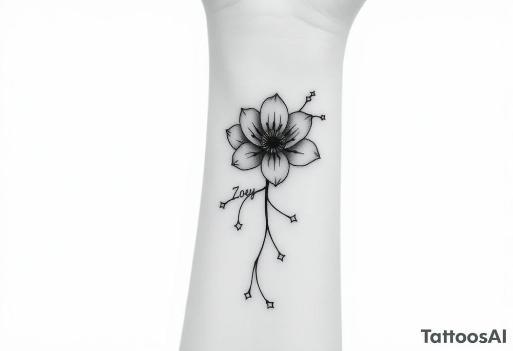 I want it on my wrist. I want a beautiful flower on the inside of my wrist with tendrils down the inside of my arm with little delicate stars or motes and the name Zoey

Why are you showing it on a back? I want it on the inside of my wrist

I want it to be a little smaller. I want the lines to be super fine. I want more organic delicate tendrils. The name Zoey should be about 3" up on the inside of my arm tattoo idea