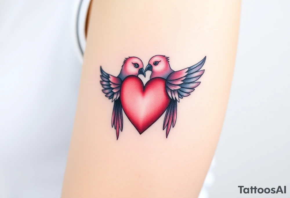 dainty sacred heart with two pink galah birds tattoo idea