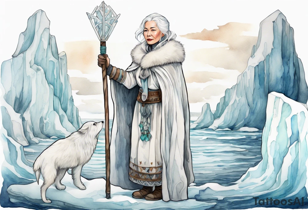 a middle aged Inuit woman with white hair, wearing mittens, wearing a white cloak, holding a white staff, wearing mukluks, standing on an iceberg in the sea tattoo idea