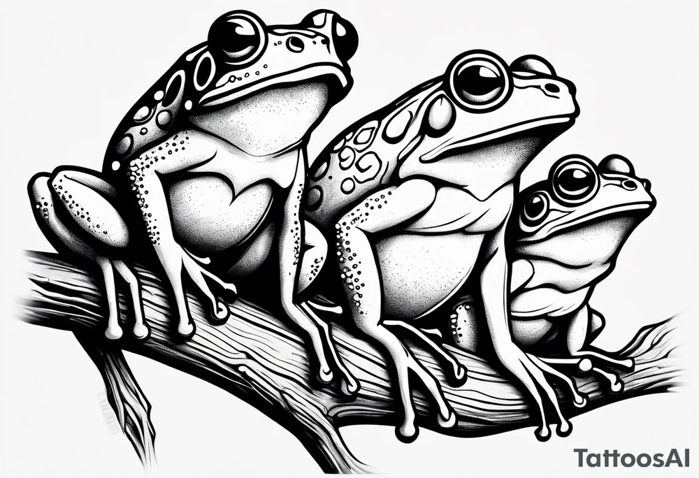 three funny frogs on a branch tattoo idea