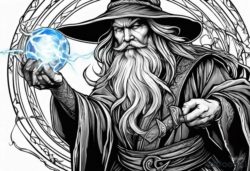 Wizard controlling lightning with a staff with blue arc ball tattoo idea Wizard controlling lightning with a staff with blue arc ball tattoo idea