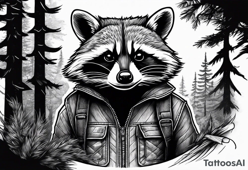 Powerful raccoon builder, in the Back a New Home Surrounded by woods tattoo idea