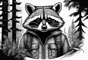 Powerful raccoon builder, in the Back a New Home Surrounded by woods tattoo idea