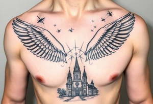 tattoo only  n the left side of the chest, paratrooper wings in the clouds with helicopters and paratroopers on their feet and below the church of cyril and methodius from prague tattoo idea