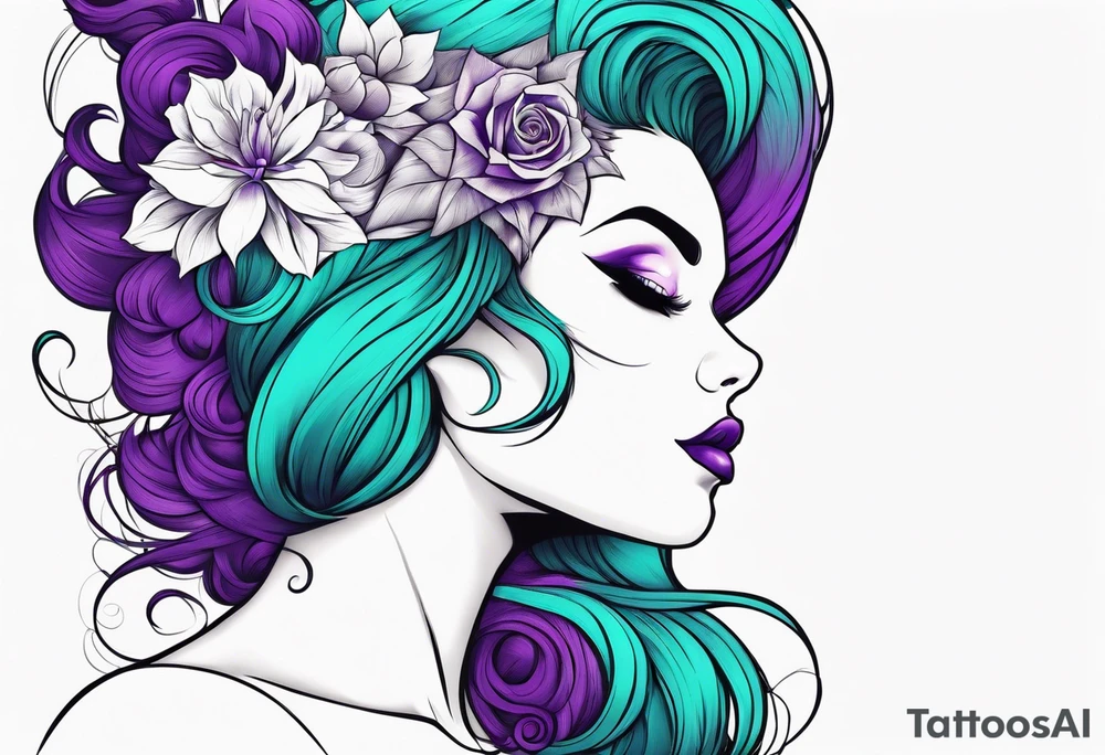 Pinup woman with purple and teal cooled hair underwater tattoo idea